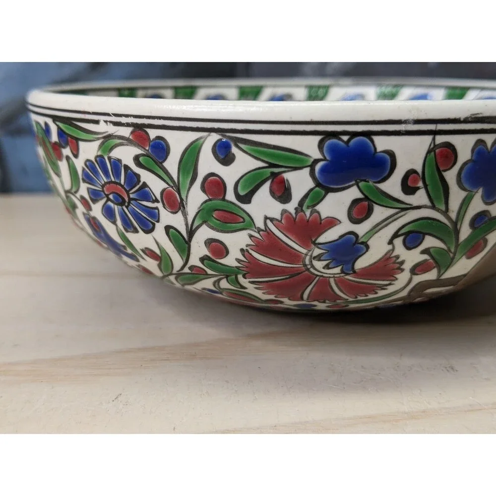 Hand painted Signed Small Turkish Bowl Red Green Floral Deer Trinkets Jewelry